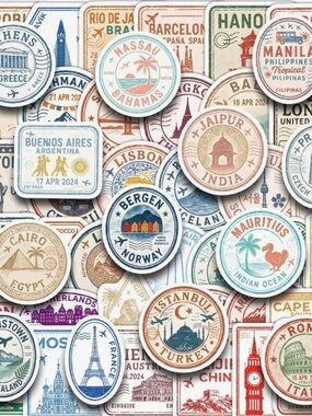 50 Postmark Travel Stamp Stickers International Trips Countries Crafts